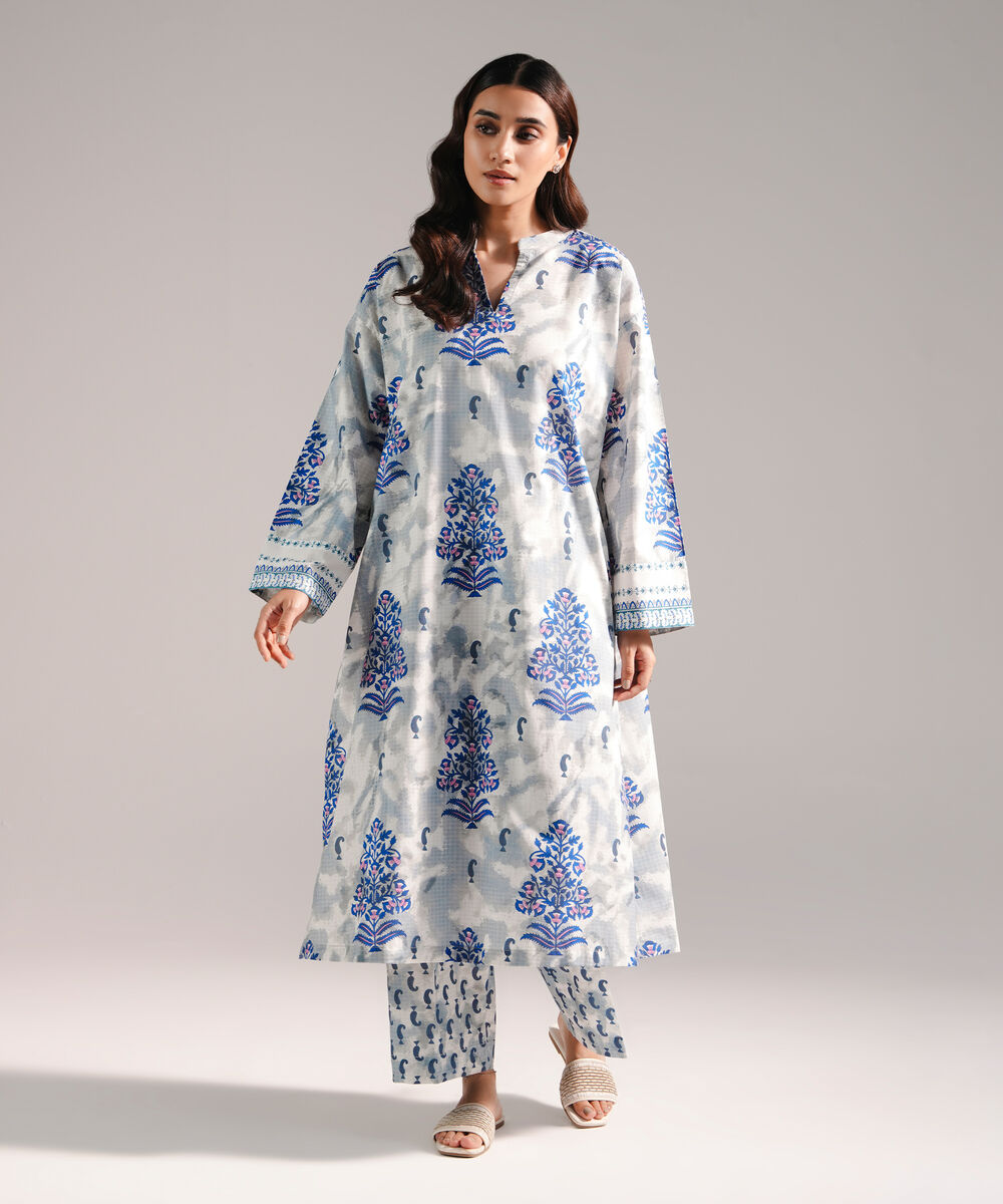 Women's RTW Lawn Printed Grey Straight Shirt