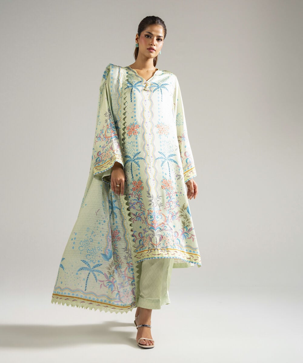 Women's RTW Blended Satin Printed Mint Green 3 Piece Suit