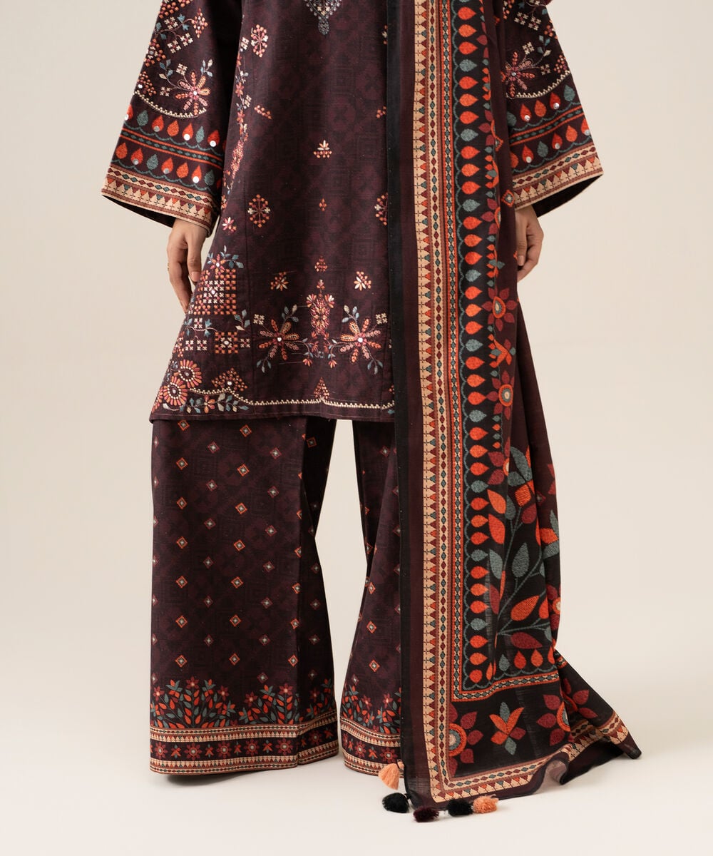 Women's Unstitched Light Khaddar Embroidered Plum 3 Piece Suit