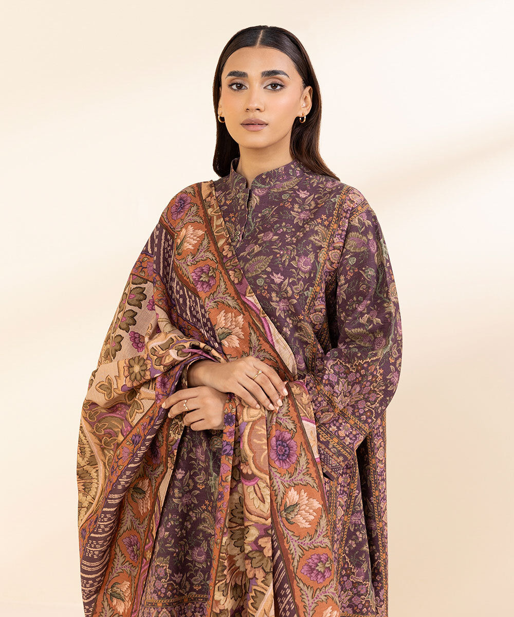 Women's Unstitched Khaddar Printed Multi 3 Piece Suit