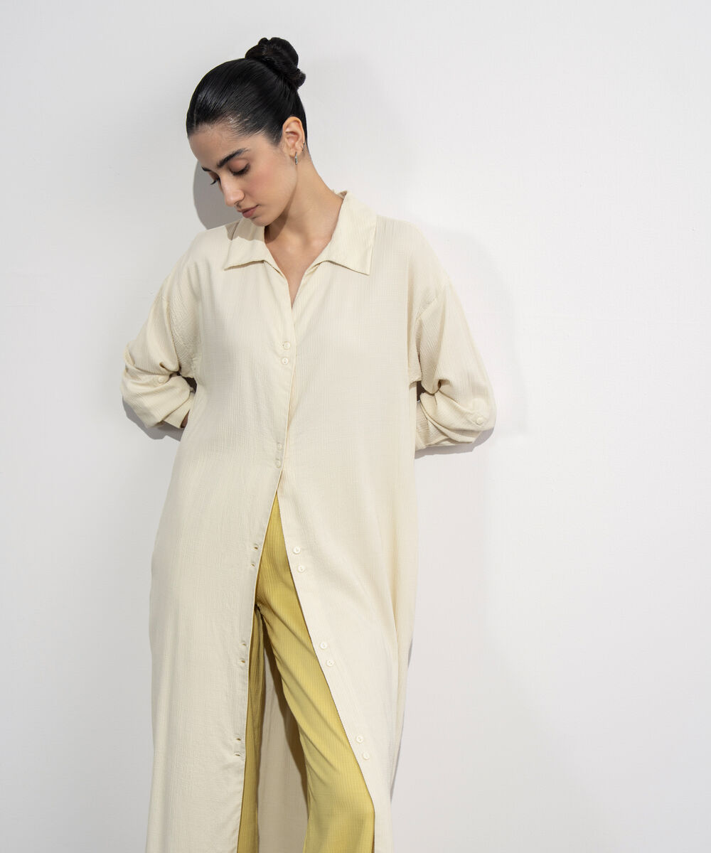 Women's Western Wear Beige Seersucker Shirt Dress