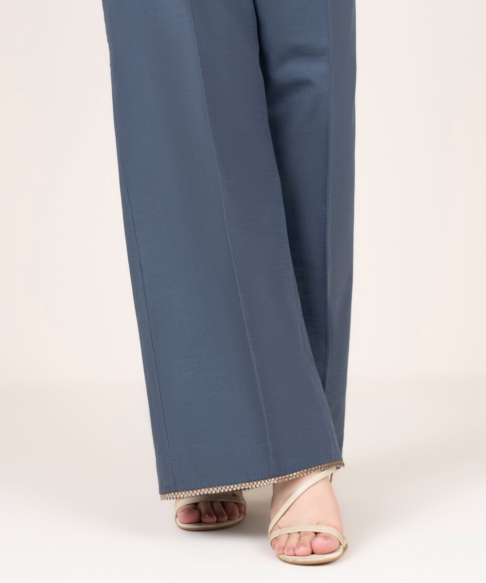 Women's RTW Cotton Solid Blue Flared Pants