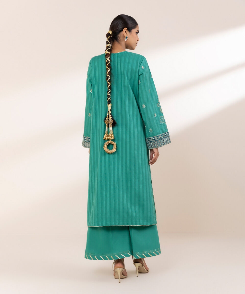 Women's RTW Dobby Green Embroidered A-Line Shirt