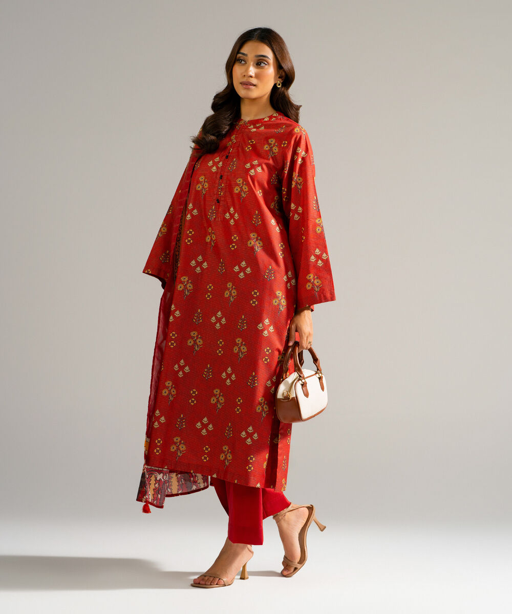 Women's RTW Zari Lawn Printed Orange 3 Piece Suit