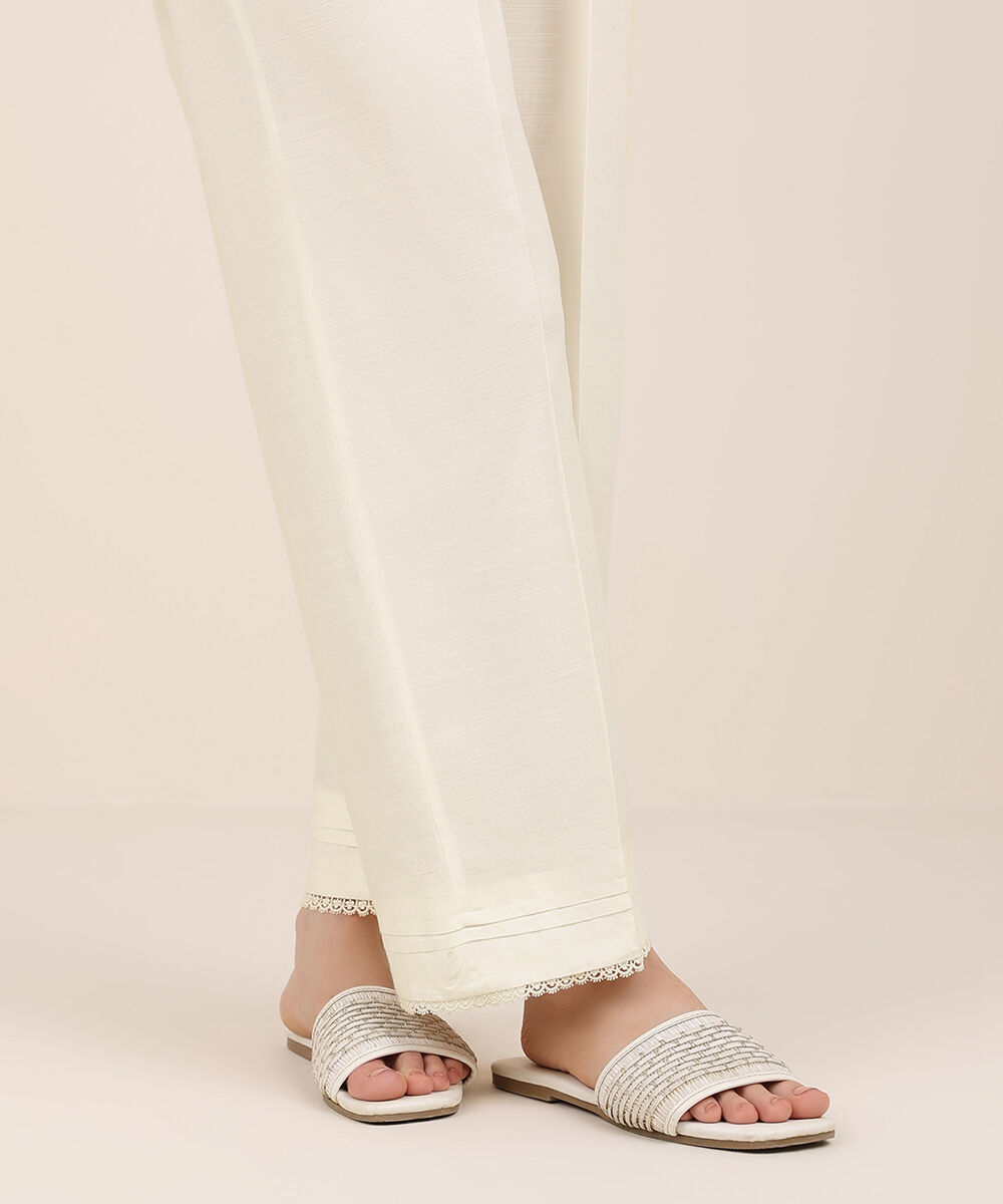 Women's RTW Cambric Off White Solid Straight Pants