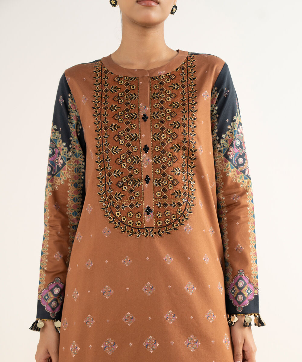 Women's Unstitched Fine Cotton Satin Embroidered Brown  3 Piece Suit