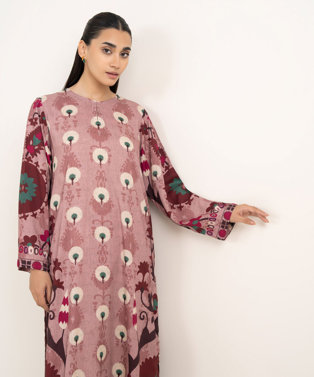 Women's RTW Arabic Lawn Coral Pink Printed Drop Shoulder Shirt