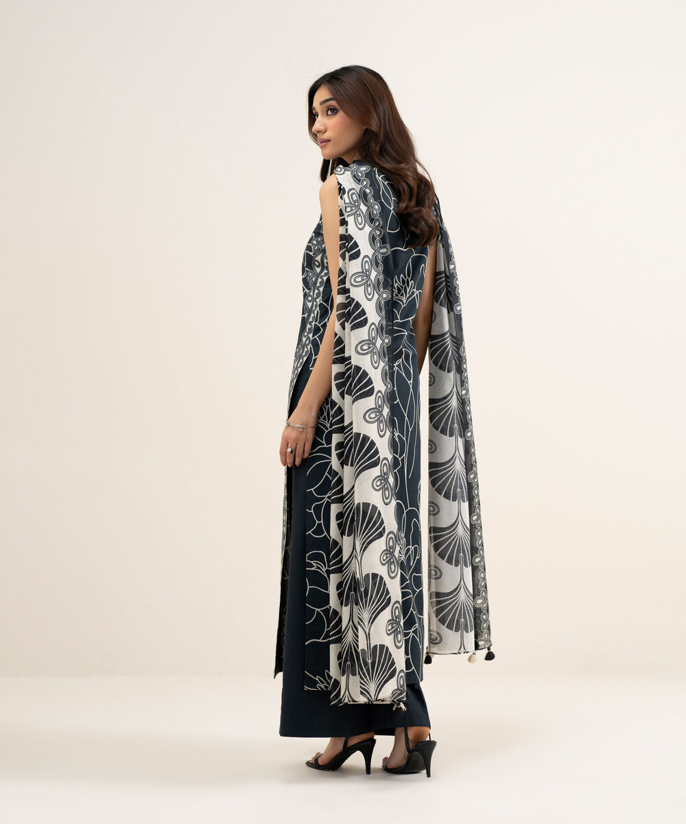 Women's Unstitched Lawn Printed Black and Off White 2 Piece Suit