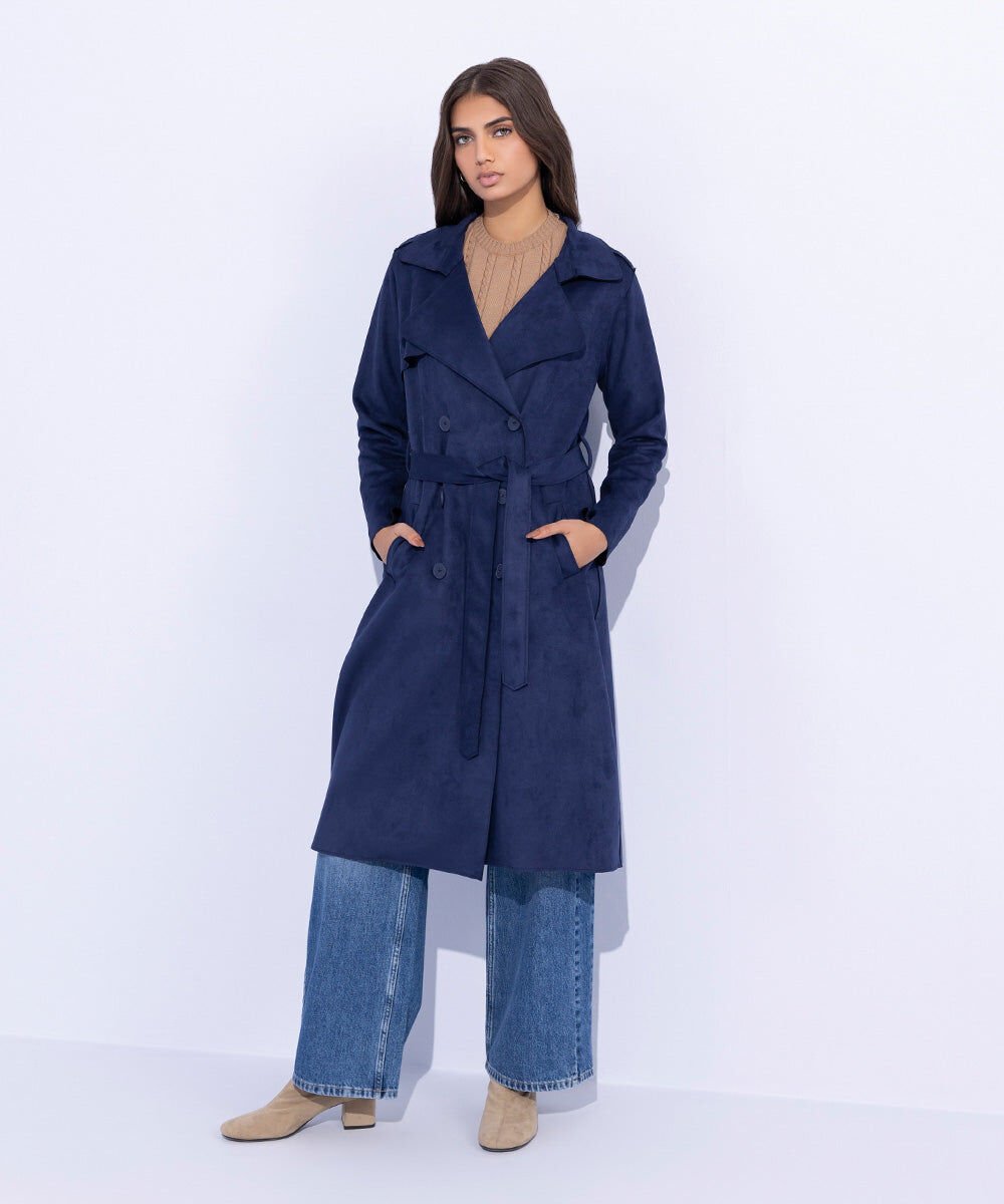 Suede Trench Coat with Belt Women's Western Wear Blue Coat