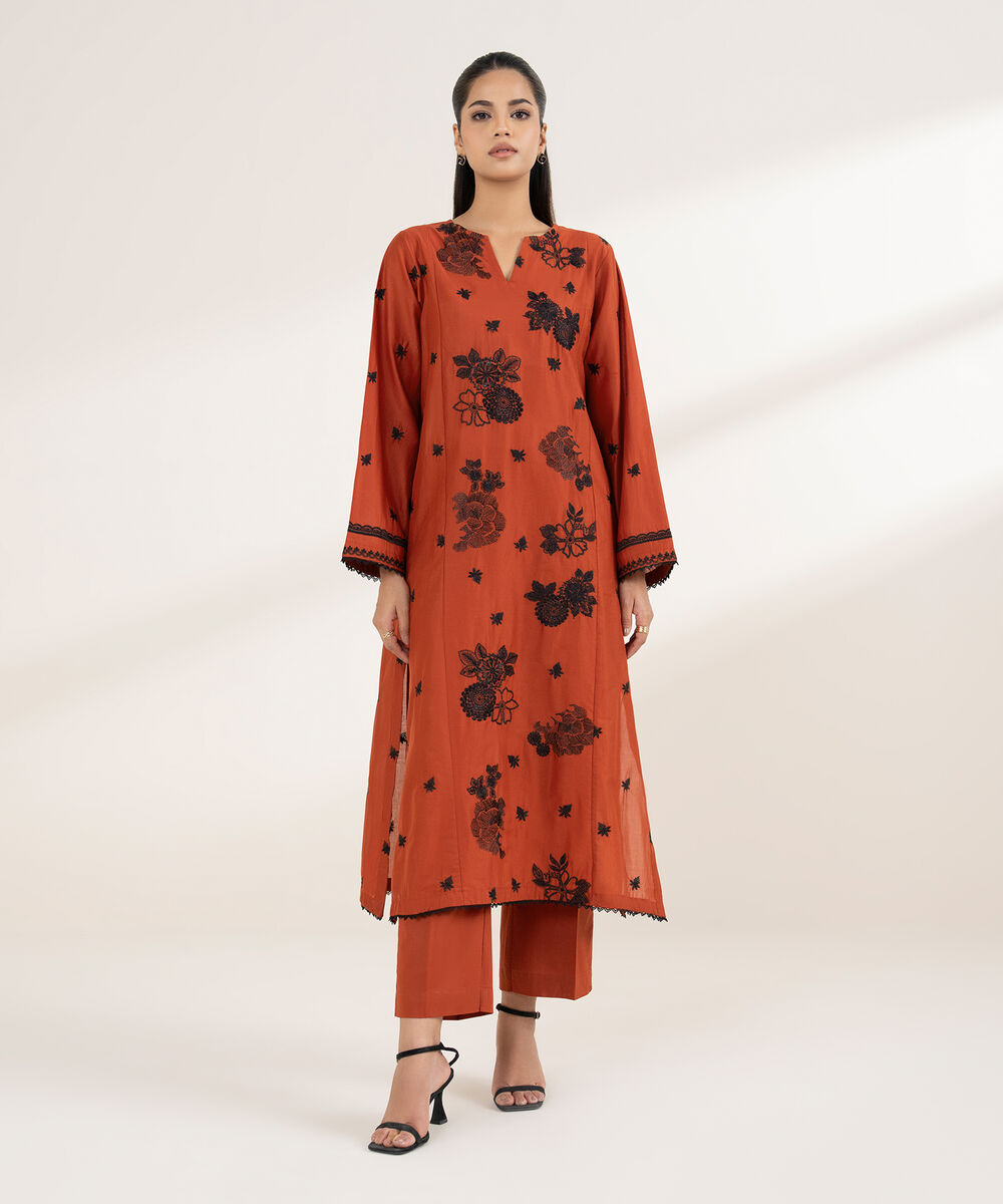 Women's RTW Lawn Orange Embroidered A-Line Shirt