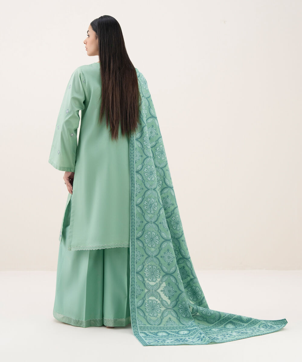 Women's Unstitched Cotton Embroidered Green 3 Piece Suit