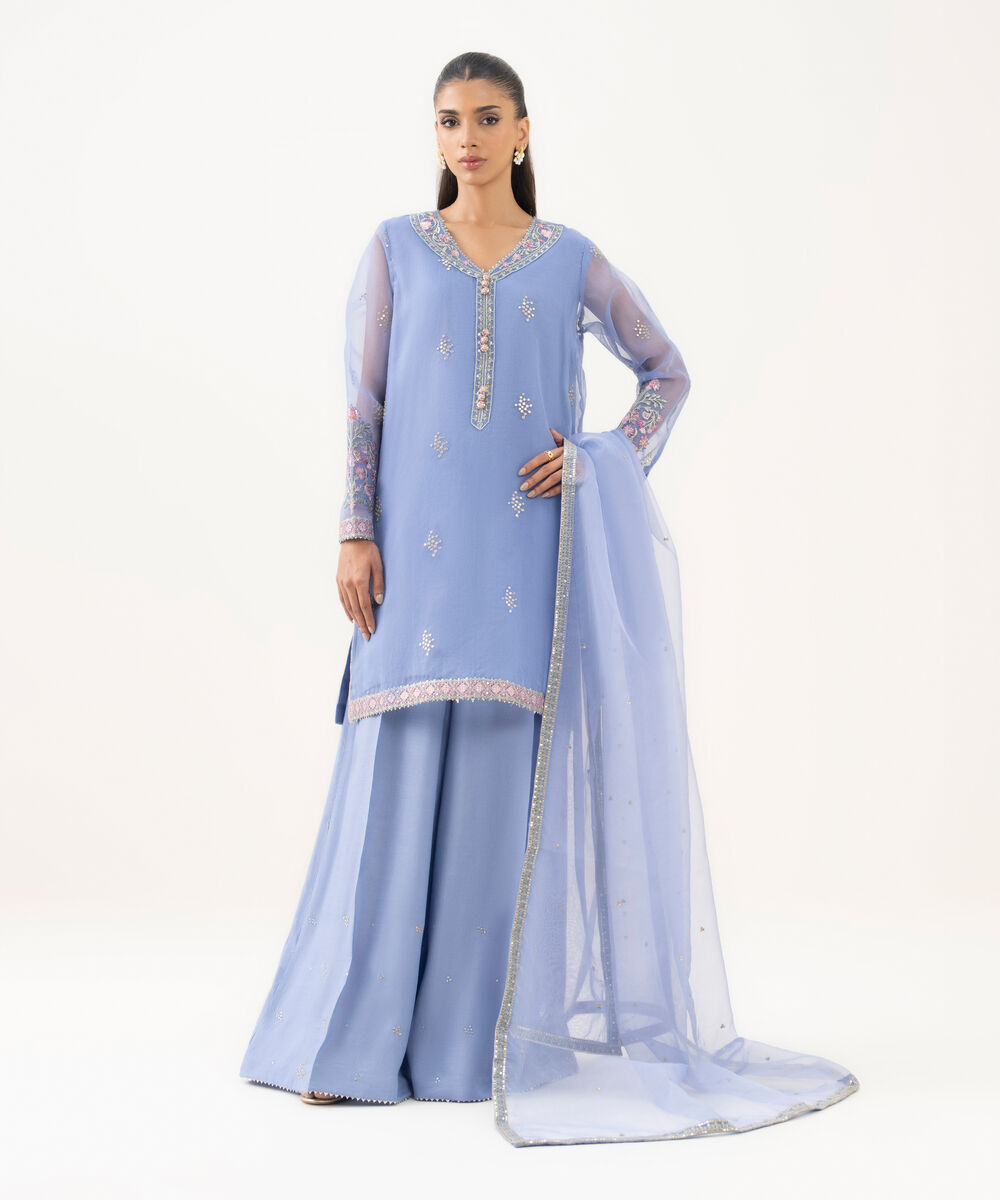 Women's RTW Blended Organza Embroidered Blue Three Piece Suit