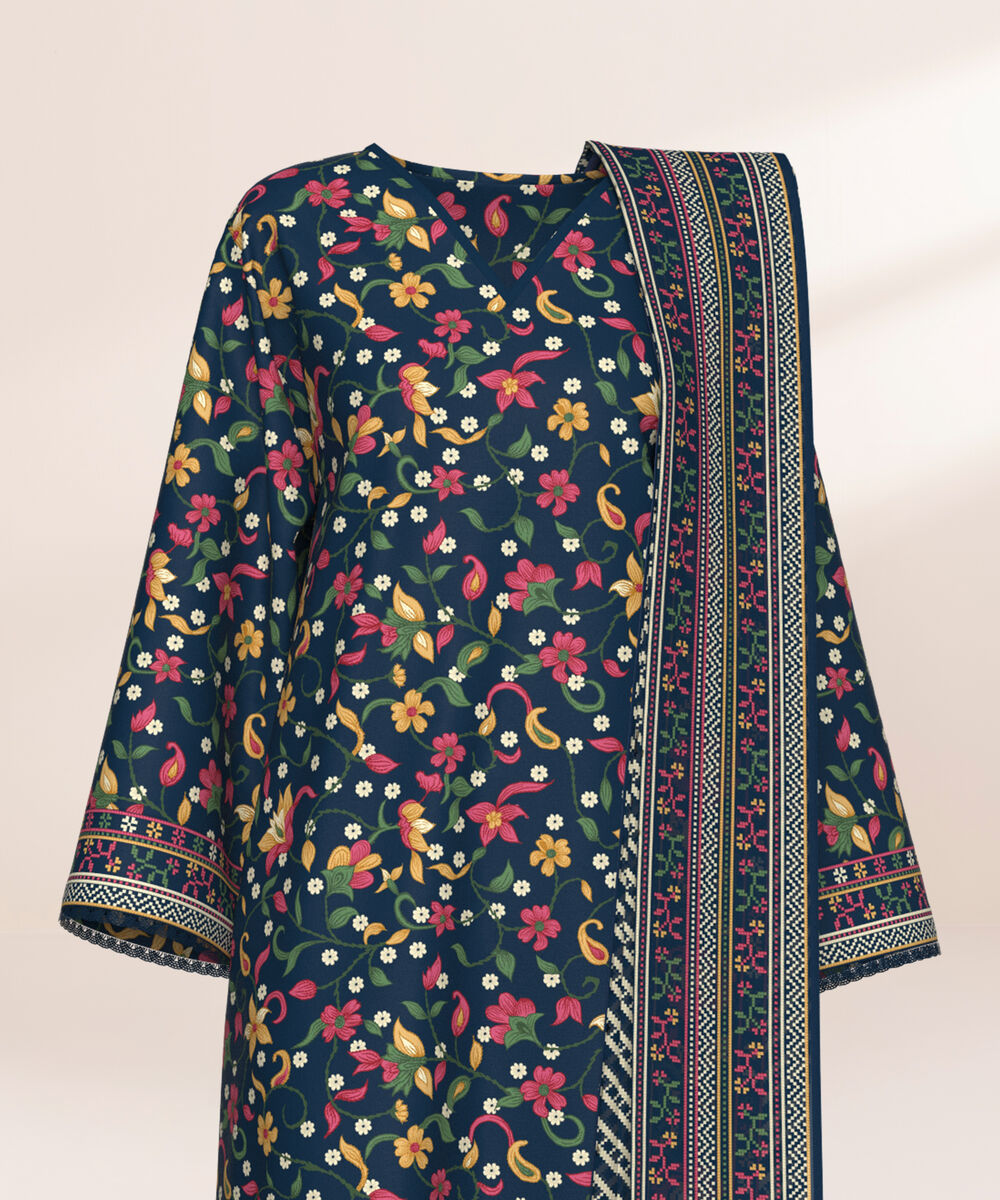 Women's Three Piece Printed Navy Blue Lawn Suit