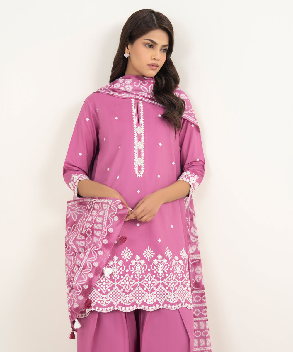 Women's Unstitched Lawn Embroidered Pink 3 Piece Suit