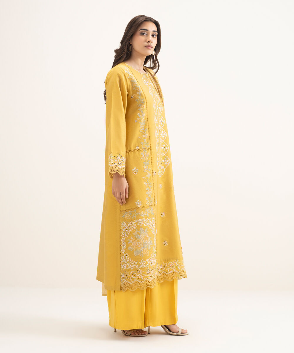 Women's RTW Silk Cotton Net Embroidered Mustard 3 Piece Suit