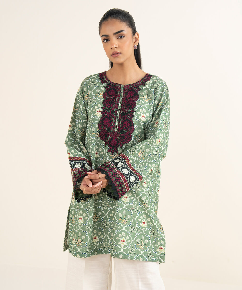 Women's RTW Khaddar Embroidered Green Straight Shirt