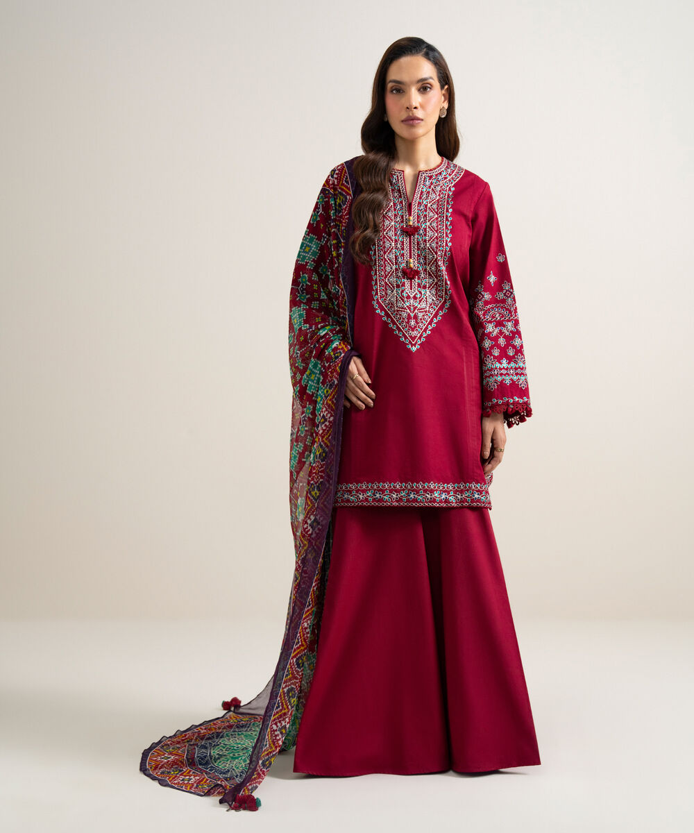 Women's Unstitched Textured Lawn Embroidered Deep Red 3 Piece Suit