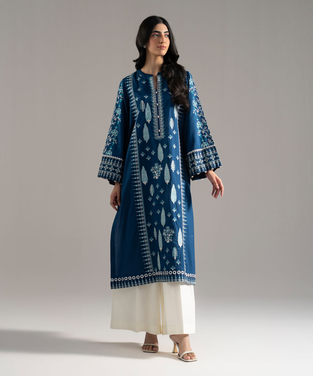 Women's RTW Solid Embroidered Cambric Blue A-Line Shirt
