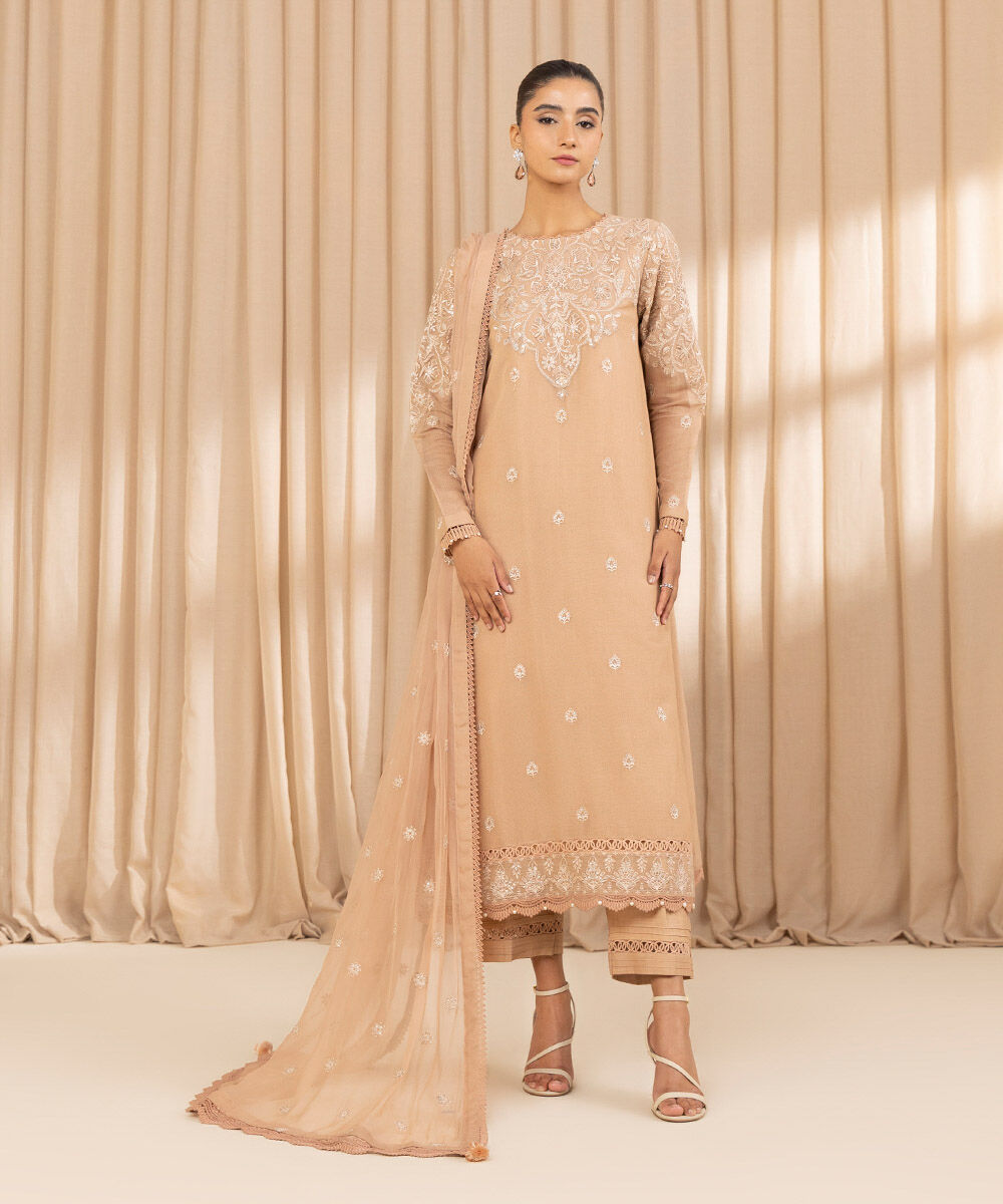 Unstitched Women's Embroidered Blended Khaddi Net Beige Three Piece Suit