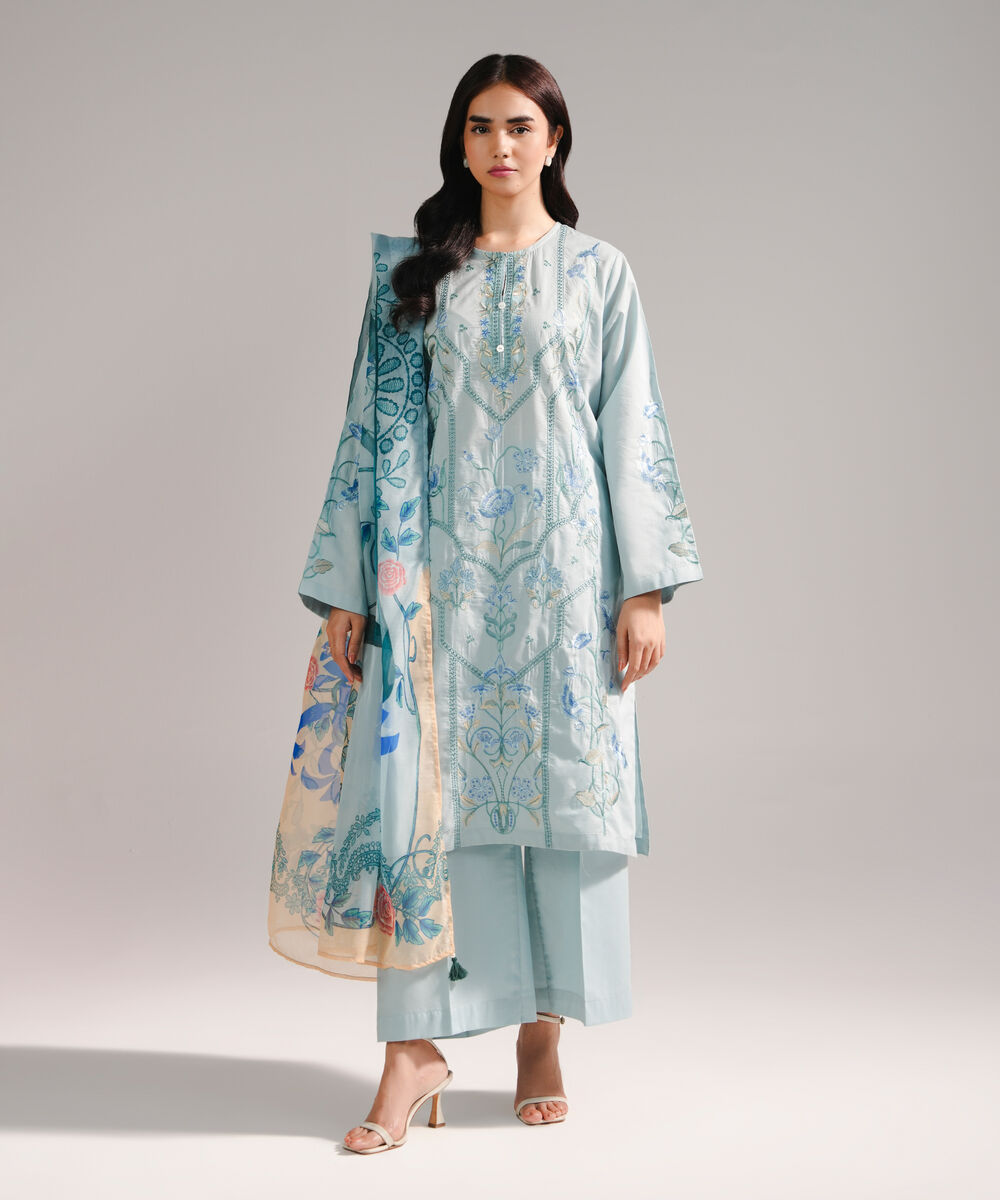 Women's RTW Zari Lawn Embroidered Light Blue 3 Piece Suit