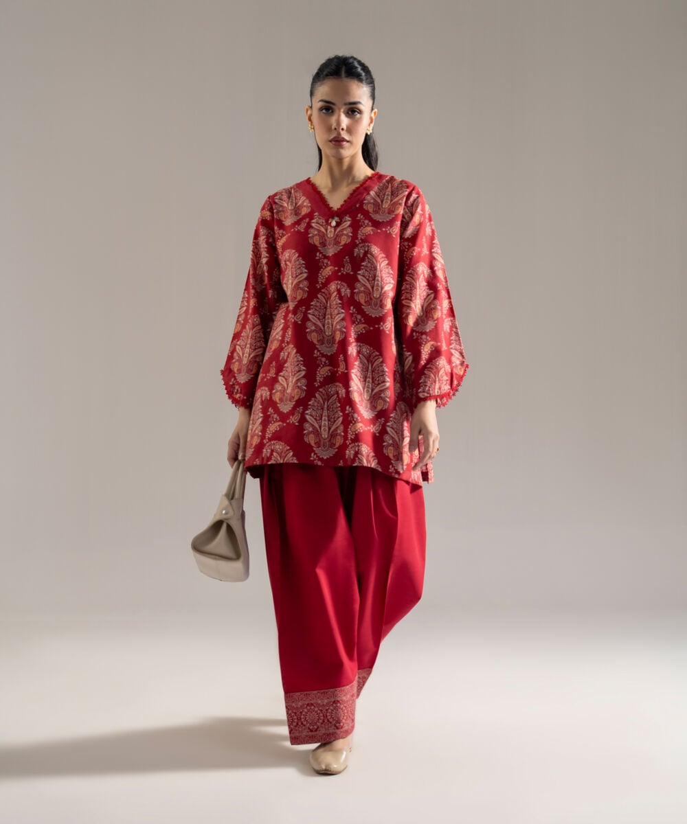Women's RTW Khaddar Printed Maroon 2 Piece Suit