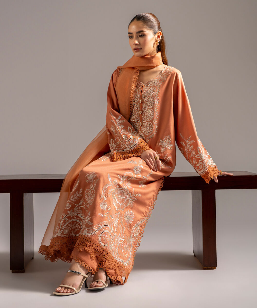 Women's RTW Cotton Satin Embroidered Muted Orange 3 Piece Suit