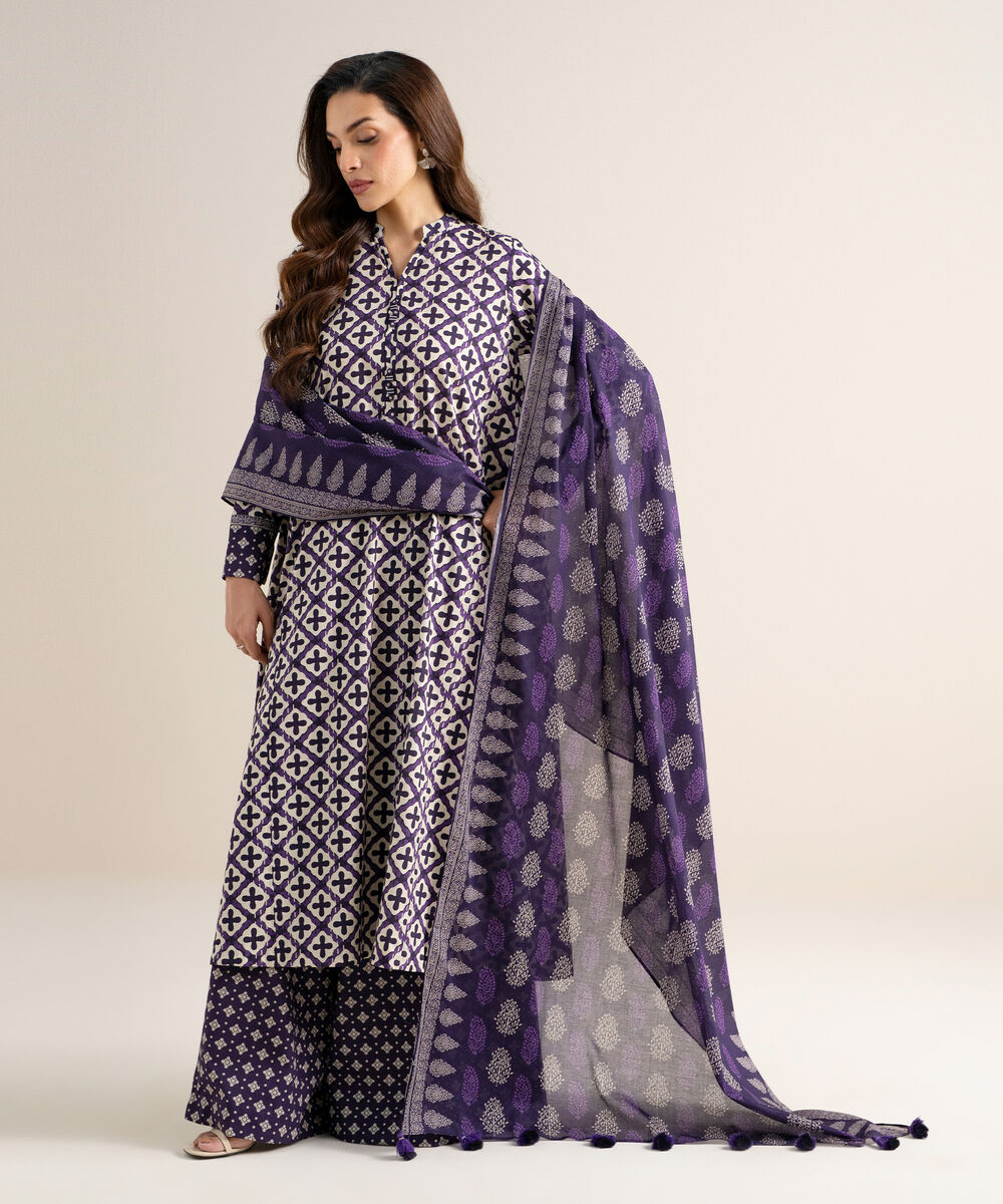 Women's Unstitched Lawn Printed Deep Purple & White  3 Piece Suit