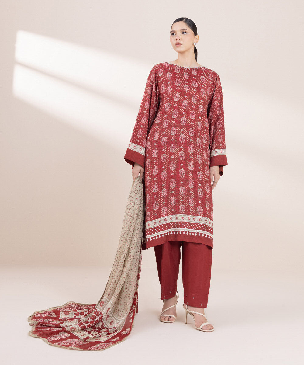Women's Pret Viscose Raw Silk Red Printed Straight Shirt