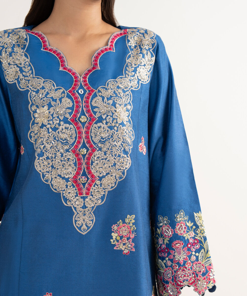 Women's RTW Silk Cotton Net Blue Embroidered 3 Piece Suit