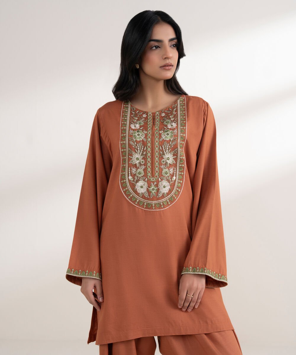 Women's RTW Arabic Khaddar Embroidered Rust Straight Shirt