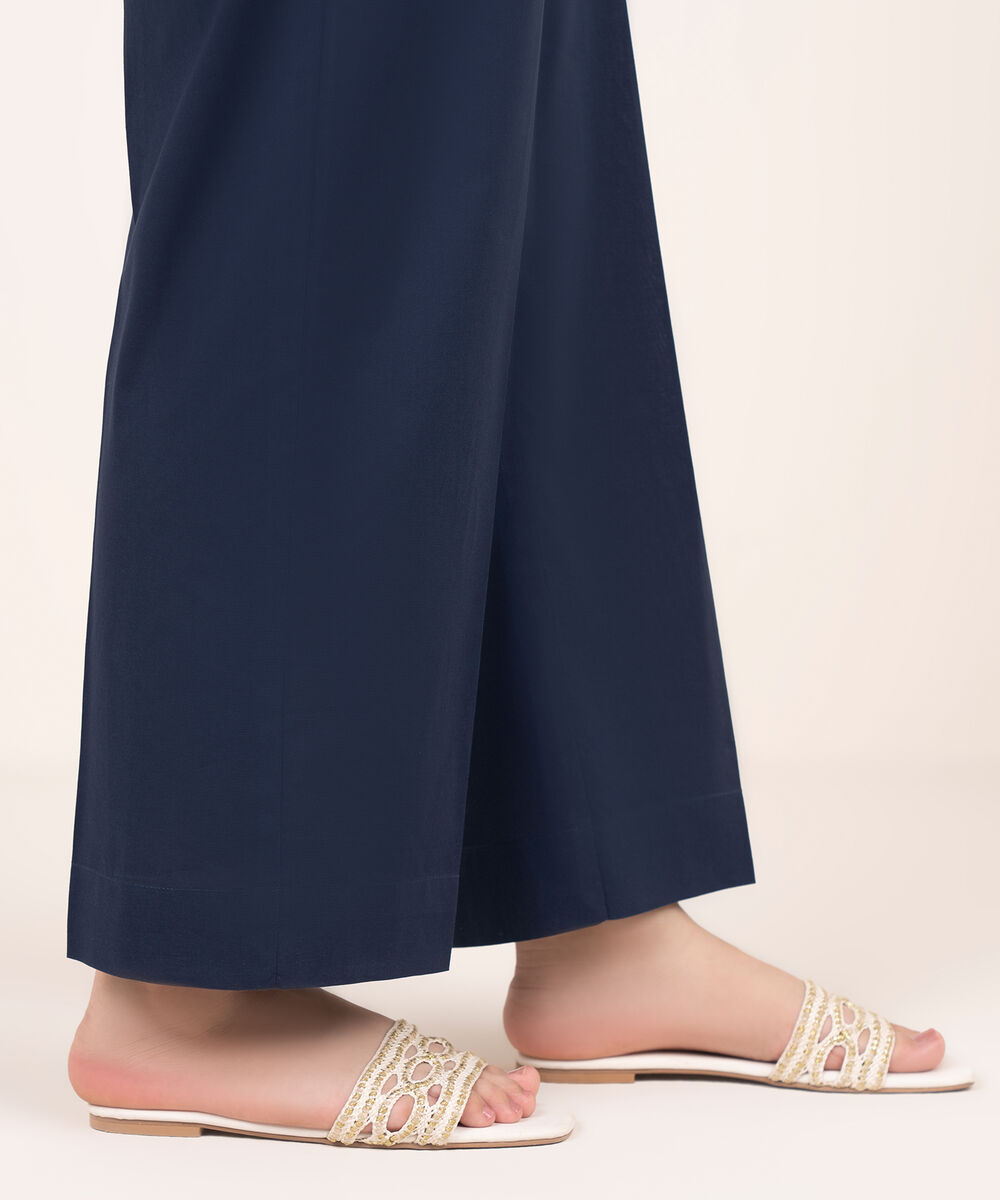 Women's RTW Cambric Blue Solid Straight Pants