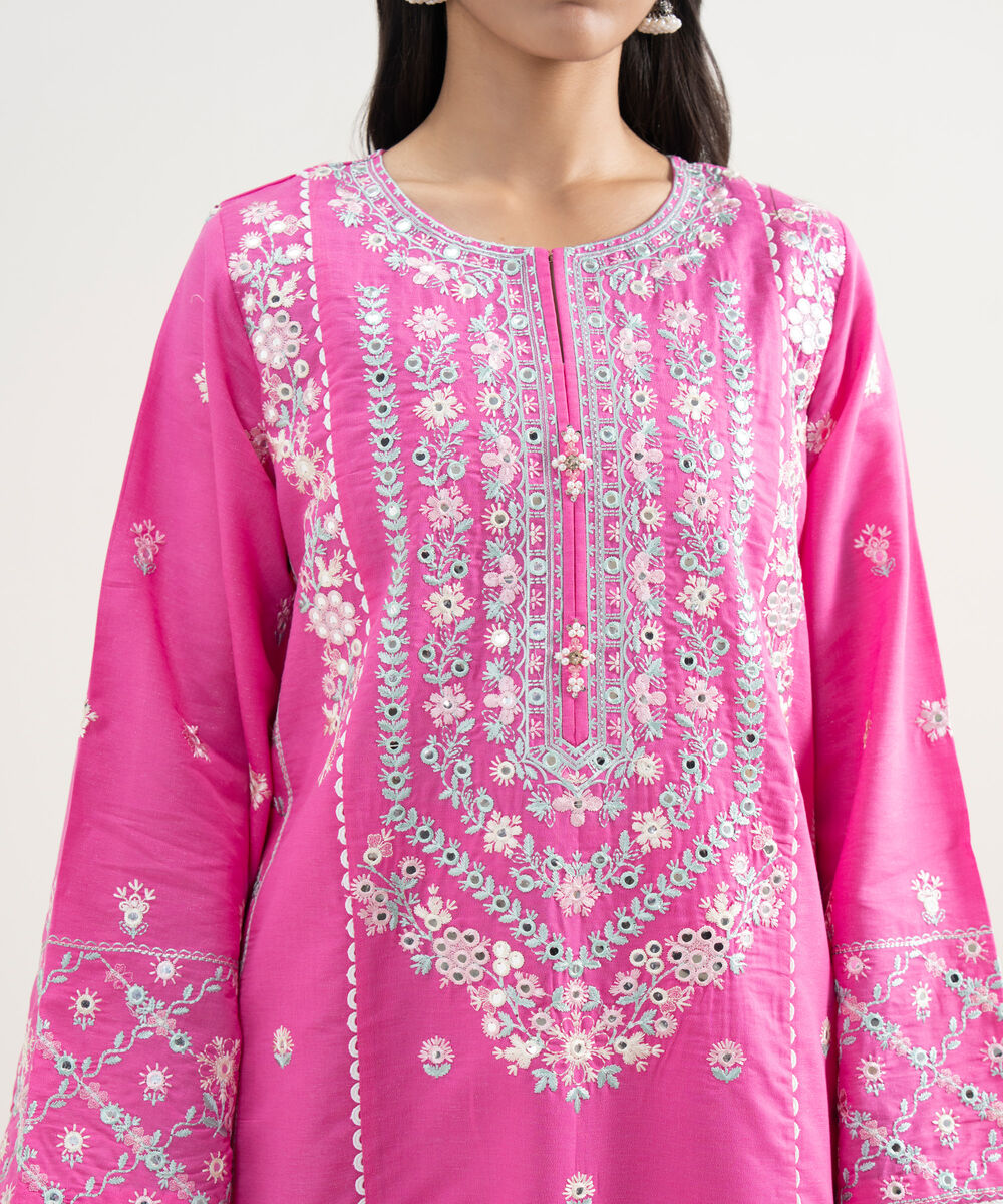Women's RTW Zari Cotton Embroidered Pink 3 Piece Suit