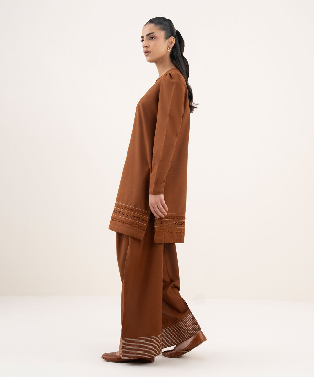 Women's RTW Light Khaddar Solid Straight Rust Shirt