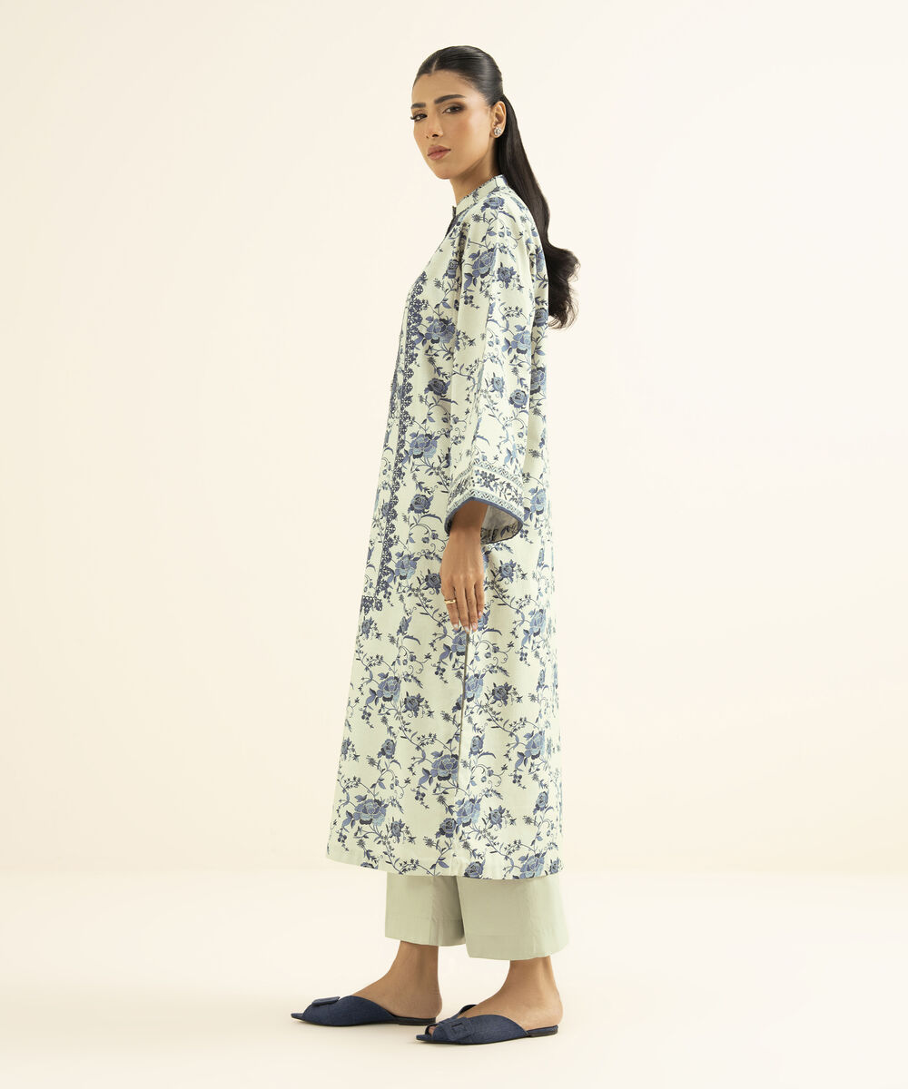 Women's Unstitched Textured Cotton Embroidered Blue 2 Piece Suit