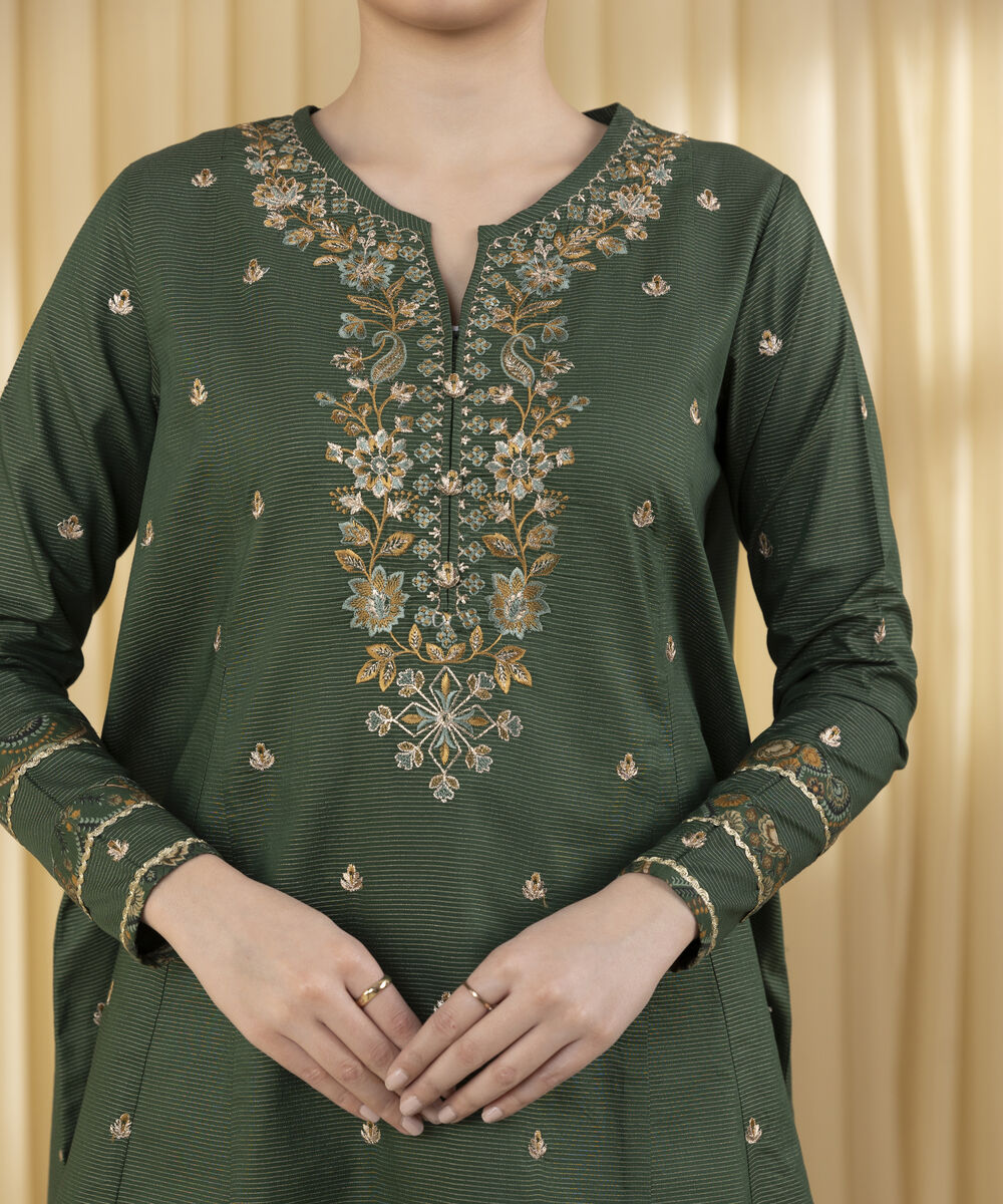 Unstitched Women's Green Zari Lawn 3 Piece Suit