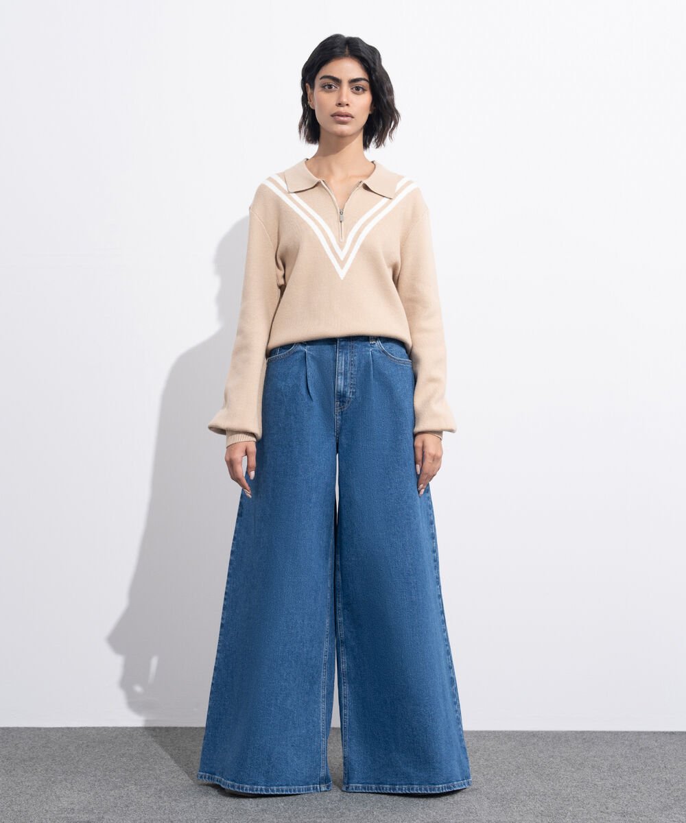 Women's Western Wear Beige Striped Polo Knit Sweater