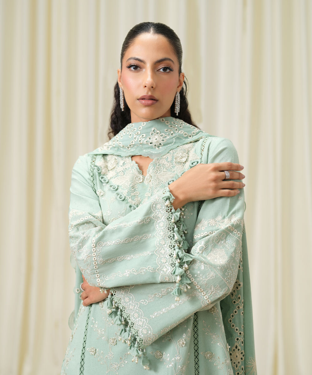 Women's Unstitched Embroidered Linen Moss Green 3 Piece Suit