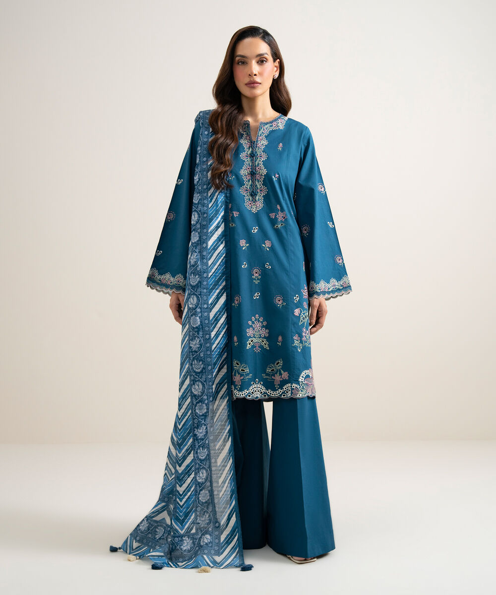 Women's Unstitched Lawn Embroidered Blue  3 Piece Suit
