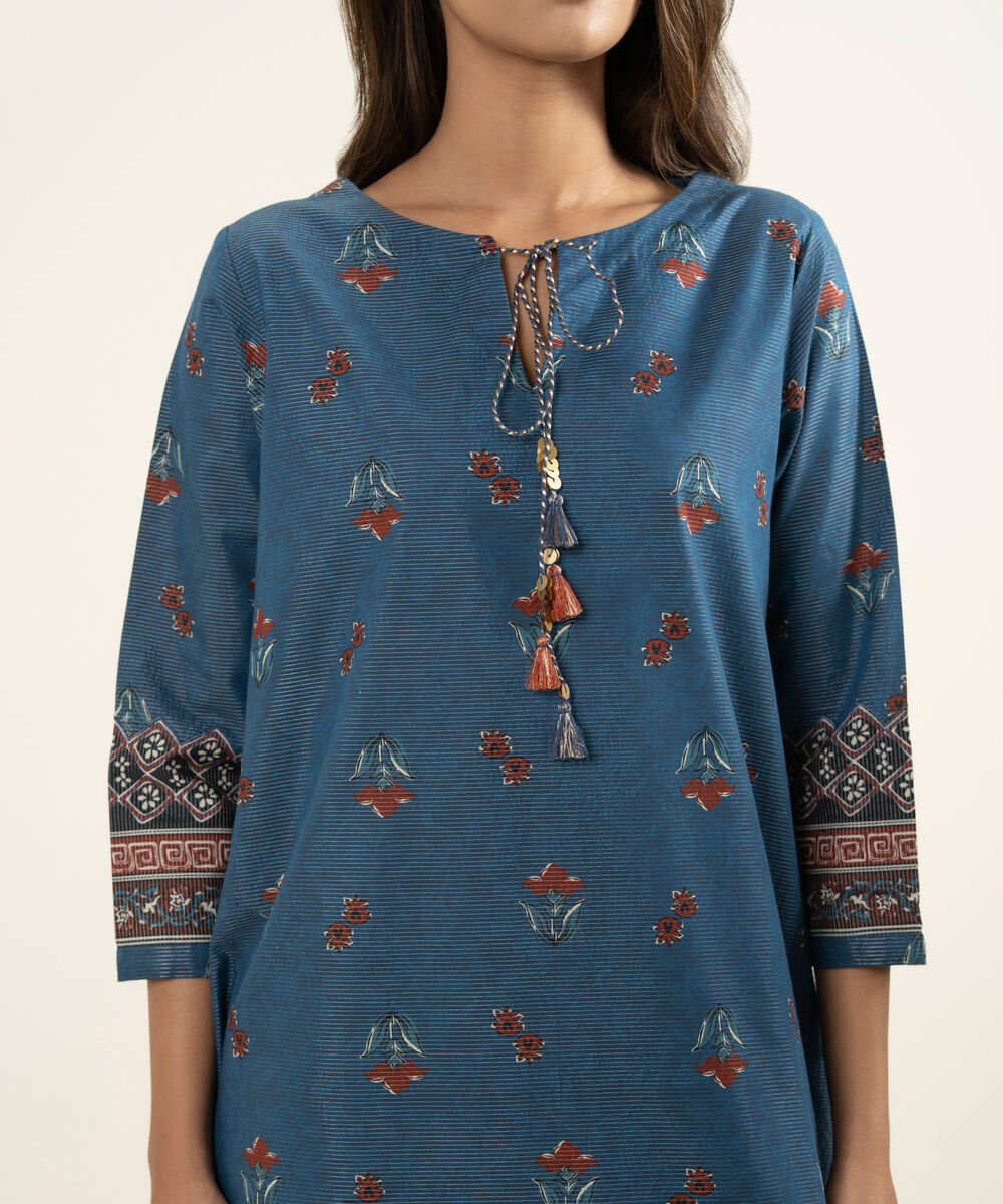 Women's Unstitched Zari Lawn Printed Blue 3 Piece Suit