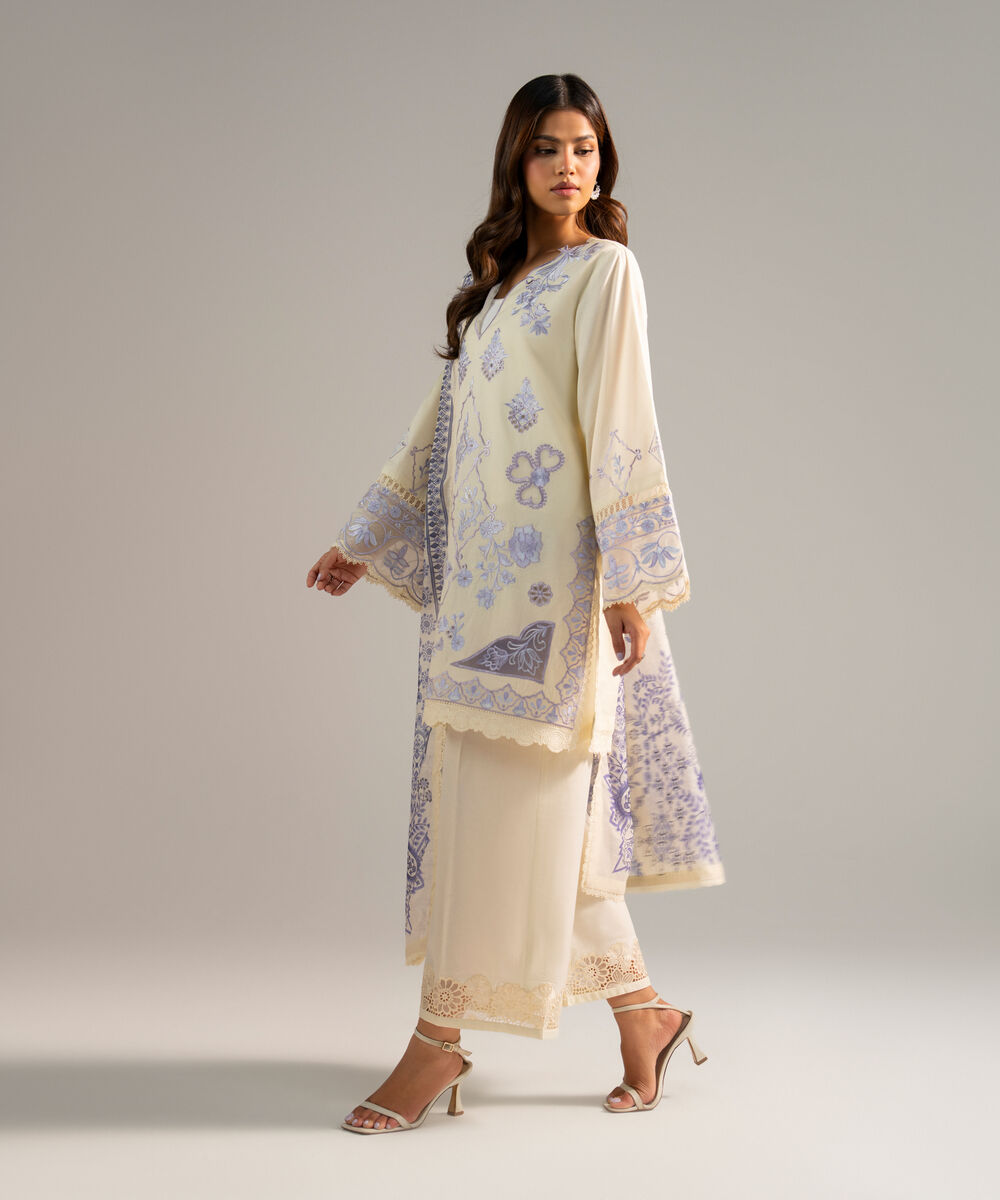 Women's RTW Lawn Embroidered Off White 3 Piece Suit