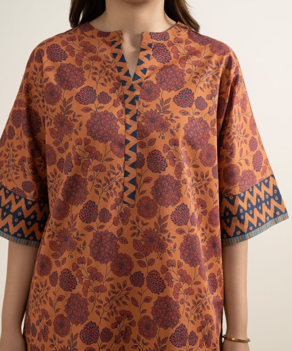 Women's Unstitched Lawn Printed Orange 3 Piece Suit