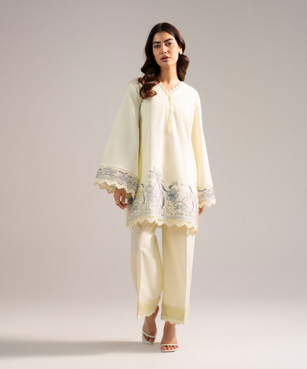 Women's RTW Cotton Viscose Embroidered Off White Straight Shirt