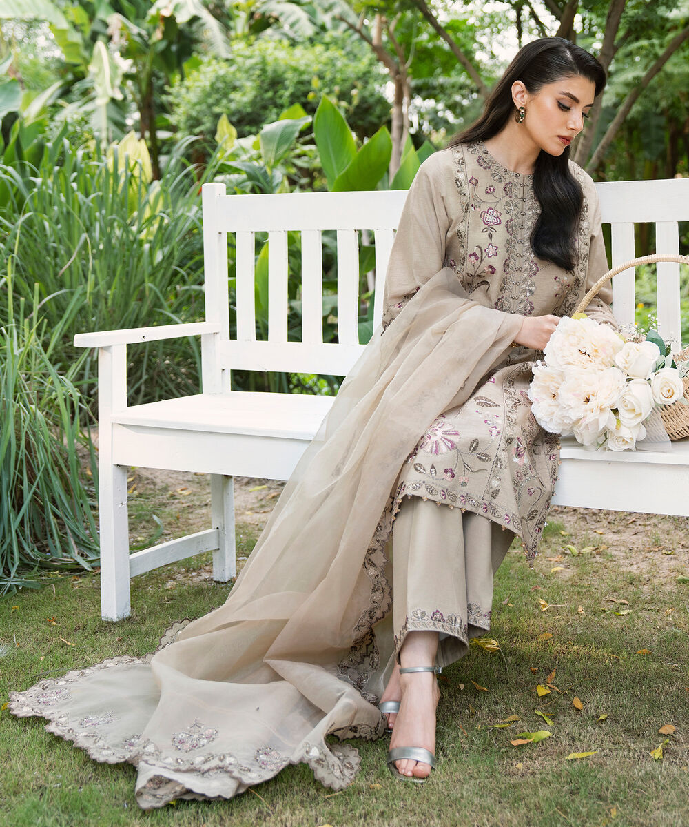 Women's Unstitched Embroidered Viscose Raw Silk Beige 3 Piece Suit