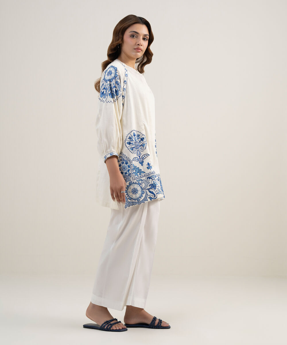 Women's RTW Dobby Embroidered Off White Drop Shoulder Shirt