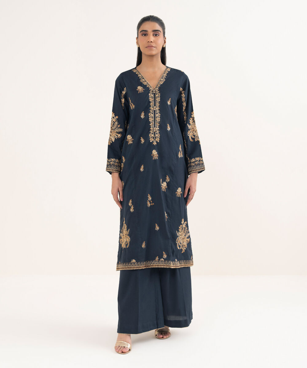 Women's RTW Cotton Viscose Embroidered Blue A-Line Shirt