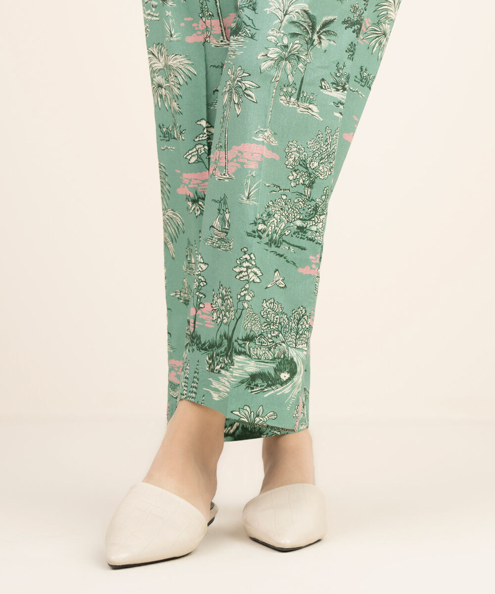 Women's RTW Cotton Viscose Printed Green Straight Pants