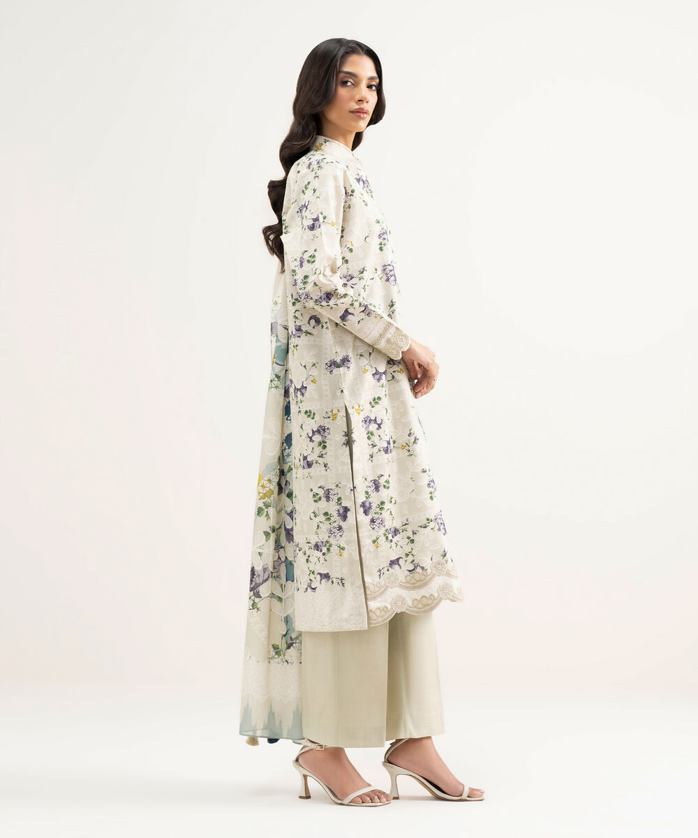 Women's Unstitched Zari Lawn Embroidered Beige  3 Piece Suit