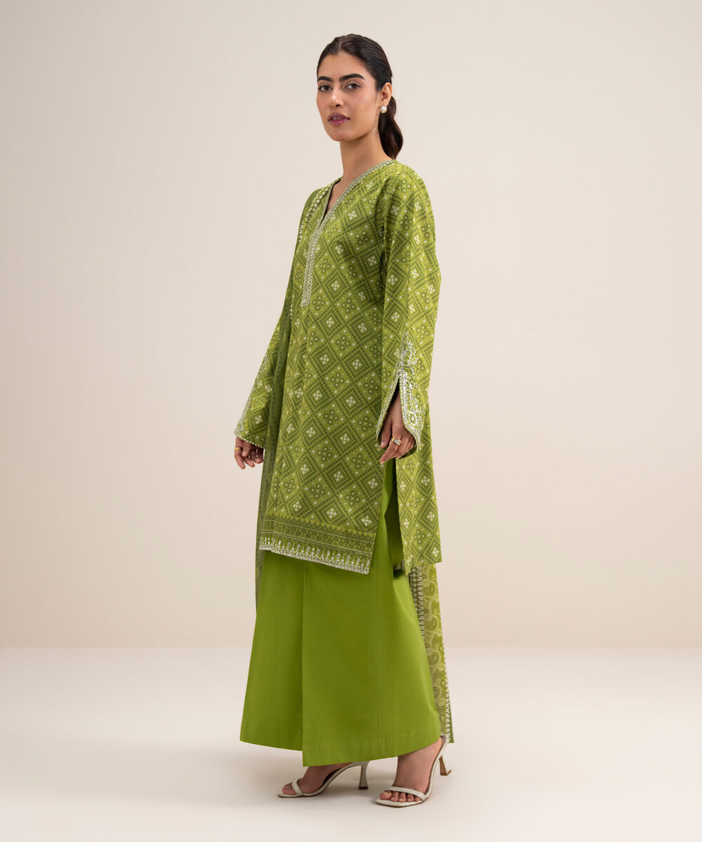 Women's Unstitched Lawn Embroidered Parrot Green 3 Piece Suit