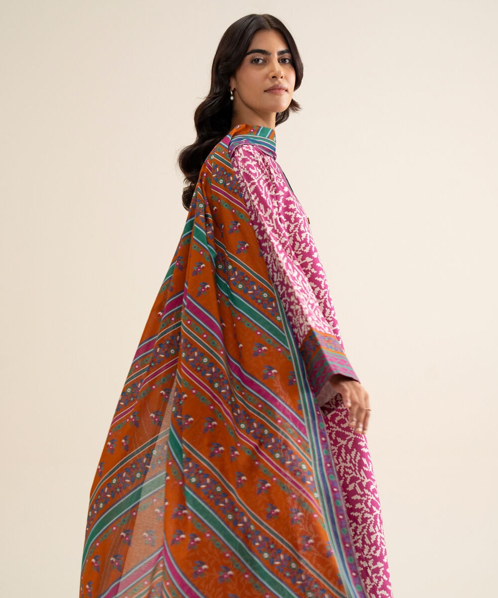Women's Unstitched Cotton Printed Pink 3 Piece Suit