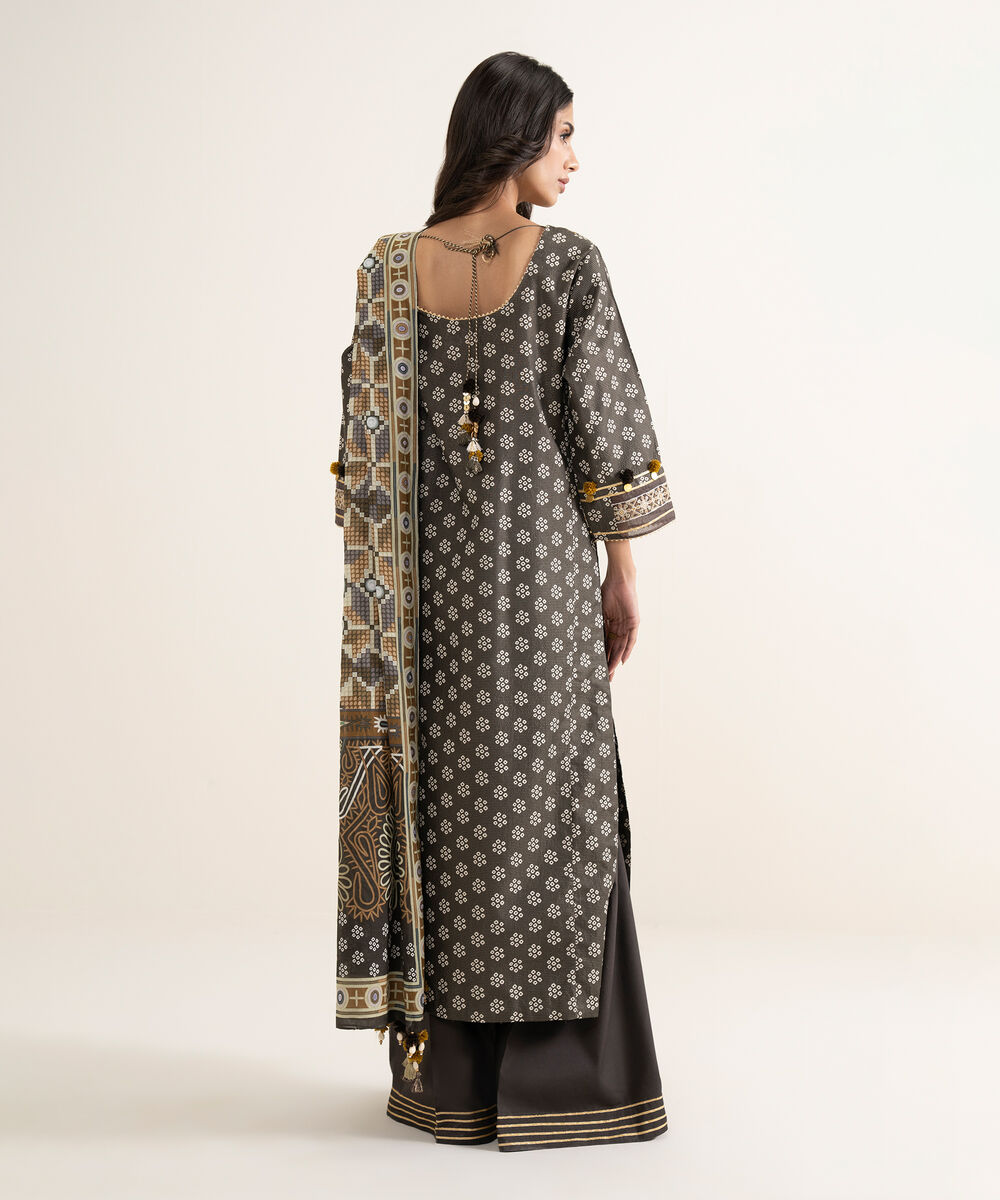 Women's Unstitched Zari Lawn Embroidered Brown 3 Piece Suit